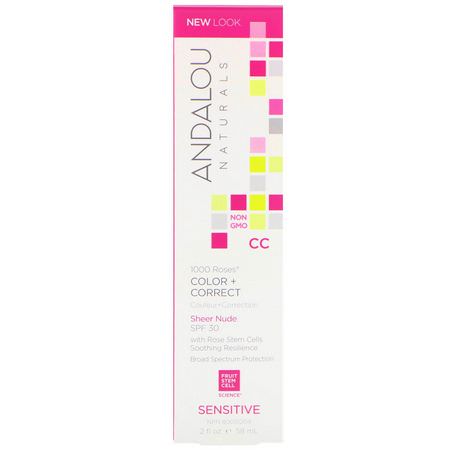 Andalou Naturals, CC 1000 Roses, Color + Correct, Sensitive, SPF 30, Sheer Nude, 2 fl oz (58 ml):BB - CC Creams, وجه