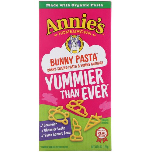 Annie's Homegrown, Bunny Pasta, Bunny Shaped Pasta & Yummy Cheddar, 6 oz (170 g) فوائد