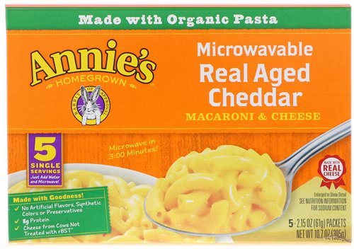 Annie's Homegrown, Microwavable Mac & Cheese, Real Aged Cheddar, 5 Packets, 2.15 oz (61 g) Each فوائد
