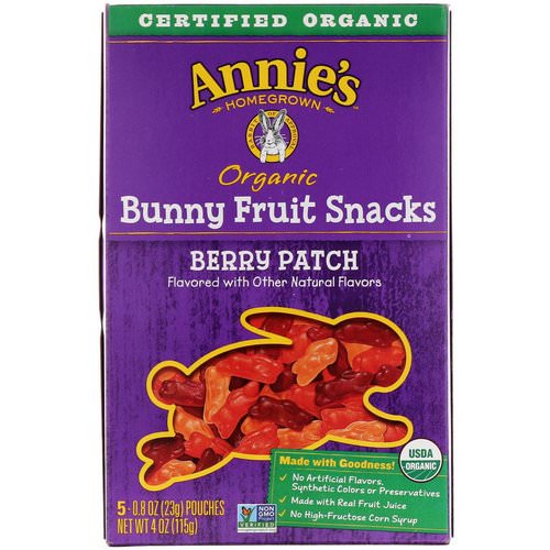 Annie's Homegrown, Organic Bunny Fruit Snacks, Berry Patch, 5 Pouches, 0.8 oz (23 g) Each فوائد