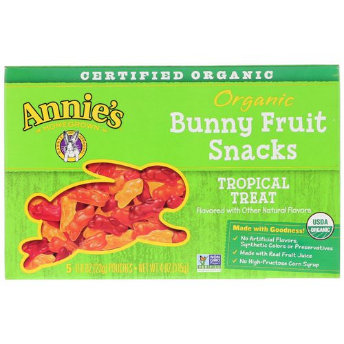 Annie's Homegrown, Organic Bunny Fruit Snacks, Tropical Treat, 5 Pouches, 0.8 oz (23 g) Each فوائد