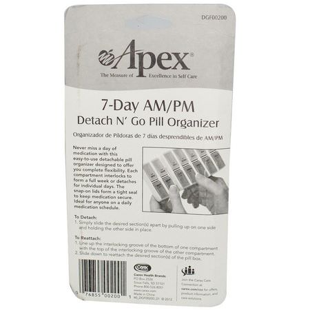 Apex, 7-Day AM/PM Detach N' Go, 1 Pill Organizer:منظم, حب,ب منع الحمل, الإسعافات الأ,لية