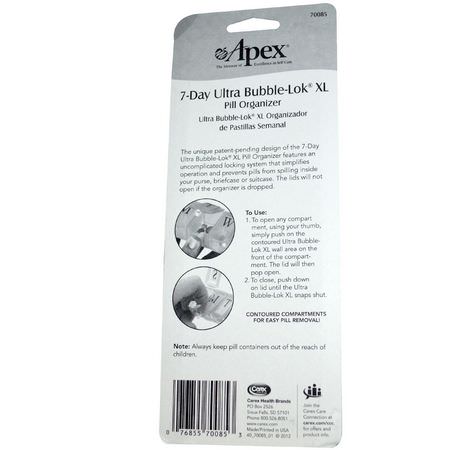 Apex, 7-Day Ultra Bubble-Lok Pill Organizer, XL, 1 Pill Case:منظم, حب,ب منع الحمل, الإسعافات الأ,لية