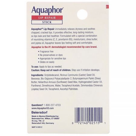 Aquaphor, Lip Repair, Stick, Immediate Relief, Fragrance Free, 1 Stick, .17 oz (4.8 g):مرطب الشفاه, العناية بالشفاه