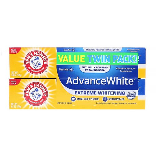 Arm & Hammer, AdvanceWhite, Extreme Whitening Toothpaste, Clean Mint, Twin Pack, 6.0 oz (170 g) Each فوائد