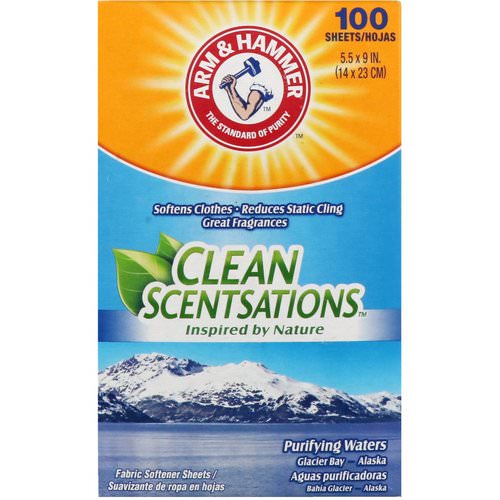 Arm & Hammer, Clean Scentsations, Fabric Softener Sheets, Purifying Waters, 100 Sheets فوائد