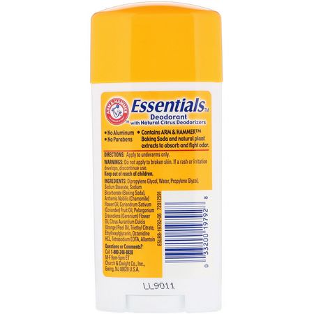 Arm & Hammer, Essentials Natural Deodorant, Unscented, 2.5 oz (71 g):مزيل عرق, حمام