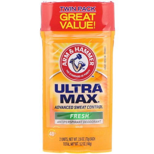 Arm & Hammer, UltraMax, Solid Antiperspirant Deodorant, for Men, Fresh, Twin Pack, 2.6 oz (73 g) Each فوائد