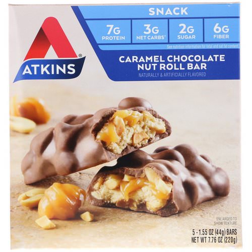 Atkins, Caramel Chocolate Nut Roll Bar, 5 Bars, 1.55 oz (44 g) Each فوائد