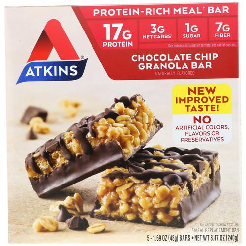 Atkins, Chocolate Chip Granola Bar, 5 Bars, 1.69 oz (48 g) Each فوائد