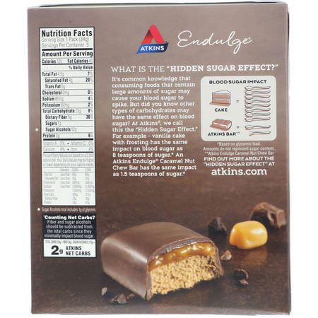 Atkins, Endulge, Chocolate Caramel Mousse Bar, 5 Bars, 1.2 oz (34 g) Per Bar:أشرطة ال,جبات الخفيفة, أشرطة التغذية