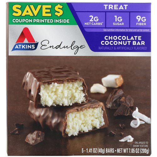 Atkins, Endulge, Chocolate Coconut Bar, 5 Bars, 1.41 oz (40 g) Each فوائد