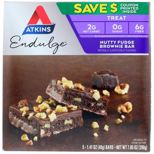 Atkins, Endulge, Nutty Fudge Brownie Bar, 5 Bars, 1.41 oz (40 g) Each فوائد