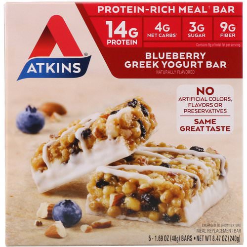 Atkins, Greek Yogurt Bar, Blueberry, 5 Bars, 1.69 oz (48 g) Each فوائد
