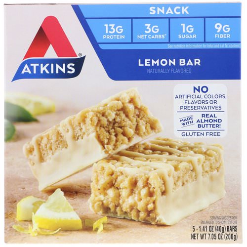 Atkins, Lemon Bar, 5 Bars, 1.41 oz (40 g) Each فوائد