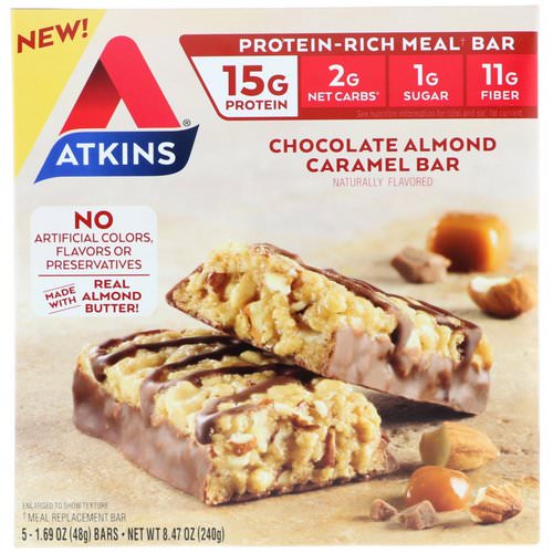 Atkins, Meal Bar, Chocolate Almond Caramel Bar, 5 Bars, 1.69 oz (48 g) Each فوائد