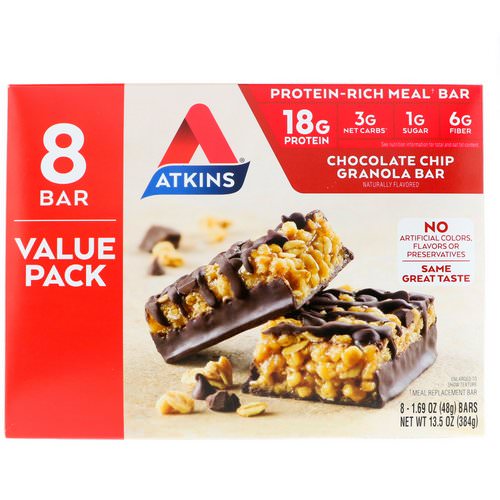 Atkins, Meal Bar, Chocolate Chip Granola Bar, 8 Bars, 1.69 oz (48 g) Each فوائد