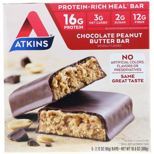 Atkins, Meal Bar, Chocolate Peanut Butter Bar, 5 Bars, 2.12 oz (60 g) Each فوائد