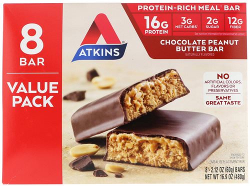 Atkins, Meal Bar, Chocolate Peanut Butter Bar, 8 Bars, 2.12 oz (60 g) فوائد