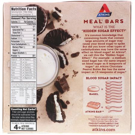 Atkins, Meal Bar, Cookies n' Creme Bar, 5 Bars, 1.76 oz (50 g) Each:أشرطة ال,جبات الخفيفة, أشرطة التغذية