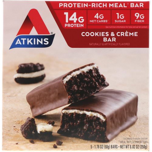 Atkins, Meal Bar, Cookies n' Creme Bar, 5 Bars, 1.76 oz (50 g) Each فوائد