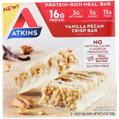 Atkins, Meal Bar, Vanilla Pecan Crisp Bar, 5 Bars, 1.69 oz (48 g) Each فوائد