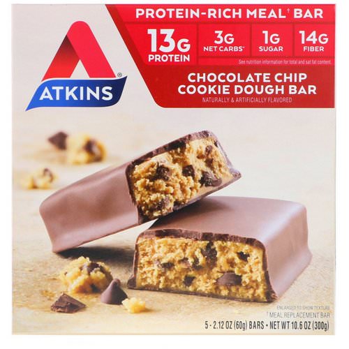 Atkins, Meal, Chocolate Chip Cookie Dough Bar, 5 Bars, 2.12 oz (60 g) Each فوائد