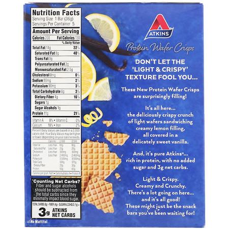 Atkins, Protein Wafer Crisps, Lemon Vanilla, 5 Bars, 1.27 oz (36 g) Each:,جبات خفيفة من البر,تين, الكعك
