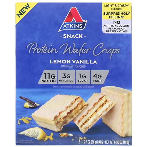 Atkins, Protein Wafer Crisps, Lemon Vanilla, 5 Bars, 1.27 oz (36 g) Each فوائد
