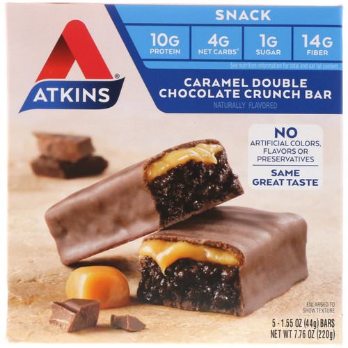 Atkins, Snack, Caramel Double Chocolate Crunch Bar, 5 Bars, 1.55 oz (44 g) Each فوائد