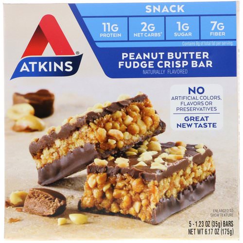 Atkins, Snack, Peanut Butter Fudge Crisp Bar, 5 Bars, 1.2 oz (35 g) Each فوائد