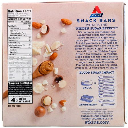 Atkins, Snacks, White Chocolate Macadamia Nut Bar, 5 Bars, 1.41 oz (40 g) Each:أشرطة ال,جبات الخفيفة