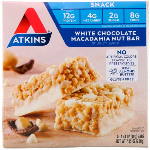 Atkins, Snacks, White Chocolate Macadamia Nut Bar, 5 Bars, 1.41 oz (40 g) Each فوائد