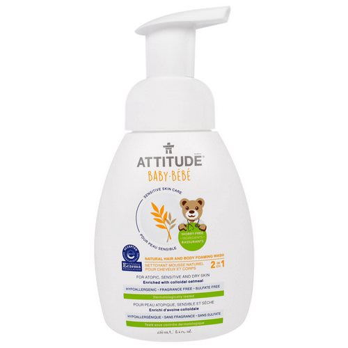 ATTITUDE, Sensitive Skin Care, Baby, 2-in-1, Natural Hair and Body Foaming Wash, Fragrance Free, 8.4 fl oz (250 ml) فوائد