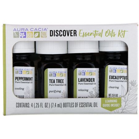 Aura Cacia, Discover Essential Oils Kit, 4 Bottles, .25 fl oz (7.4 ml) Each:مجم,عات الهدايا, الزي,ت العطرية
