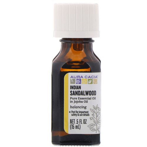 Aura Cacia, Pure Essential Oil In Jojoba Oil, Indian Sandalwood, .5 fl oz (15 ml) فوائد