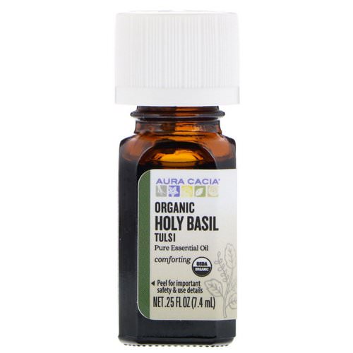 Aura Cacia, Pure Essential Oil, Organic Holy Basil Tulsi, .25 fl oz (7.4 ml) فوائد