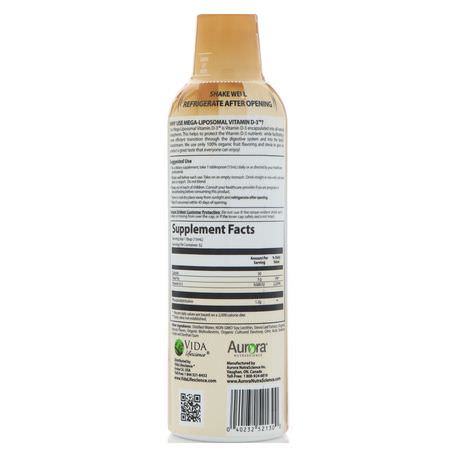 Aurora Nutrascience, Mega-Liposomal Vitamin D3, Organic Fruit Flavor, 9,000 IU, 16 fl oz (480 ml) :فيتامين D, الفيتامينات