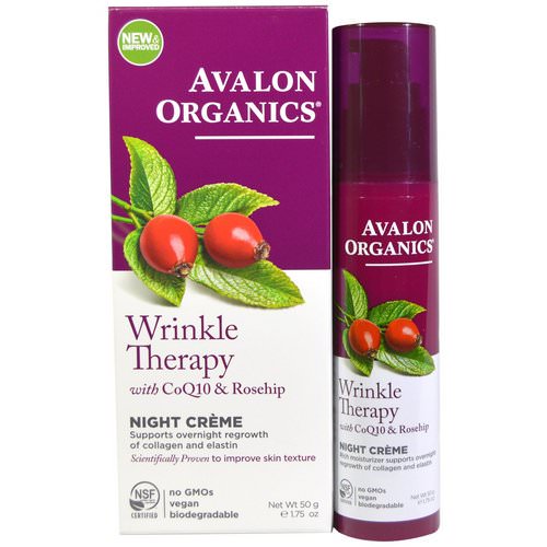 Avalon Organics, Wrinkle Therapy, With CoQ10 & Rosehip, Night Creme, 1.75 oz (50 g) فوائد