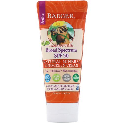 Badger Company, Active Kids, Natural Mineral Sunscreen Cream, SPF 30 PA+++, Tangerine & Vanilla, 2.9 fl oz (87 ml) فوائد