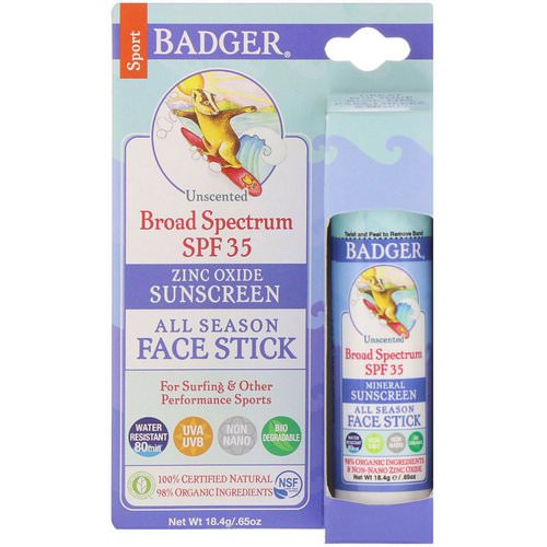 Badger Company, All Season Face Stick, Sport Sunscreen, SPF 35, Unscented, .65 oz (18.4 g) فوائد