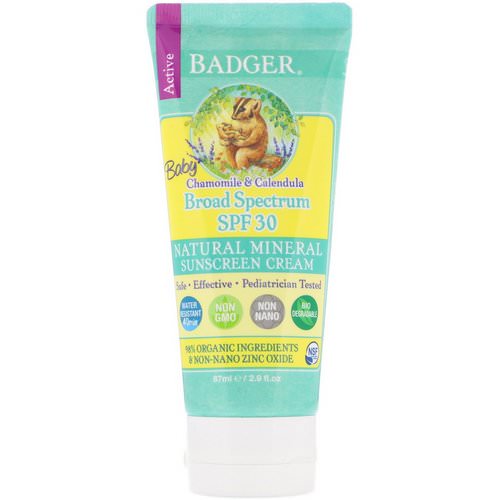 Badger Company, Baby Sunscreen Cream, SPF 30 PA+++, Chamomile & Calendula, 2.9 fl oz (87 ml) فوائد