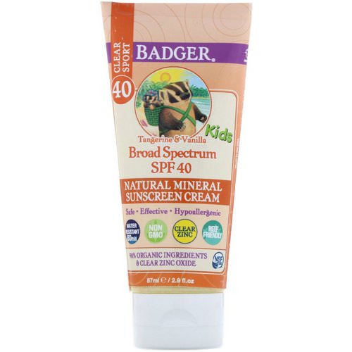Badger Company, Clear Sport, Kids, Natural Mineral Sunscreen Cream, SPF 40, Tangerine & Vanilla, 2.9 fl oz (87 ml) فوائد