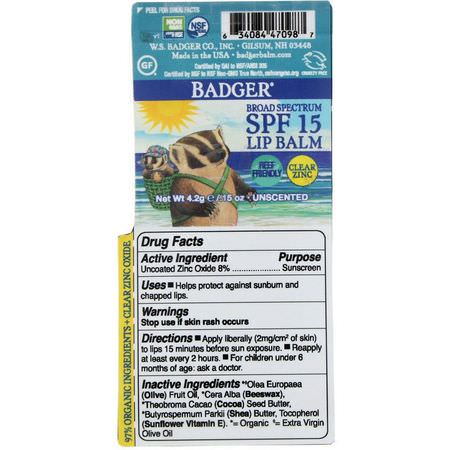Badger Company, Lip Balm, Clear Zinc, Unscented, SPF 15, 0.15 oz (4.2 g):SPF, مرهم الشفة