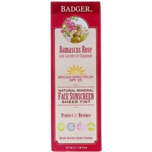 Badger Company, Natural Mineral Face Sunscreen, Sheer Tint, SPF 25, Damascus Rose, 1.6 fl oz (47 ml) فوائد
