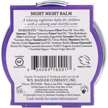 Badger Company, Organic, Night-Night Balm, Lavender & Chamomile, 2 oz (56 g):أعشاب الأطفال, المعالجة المثلية
