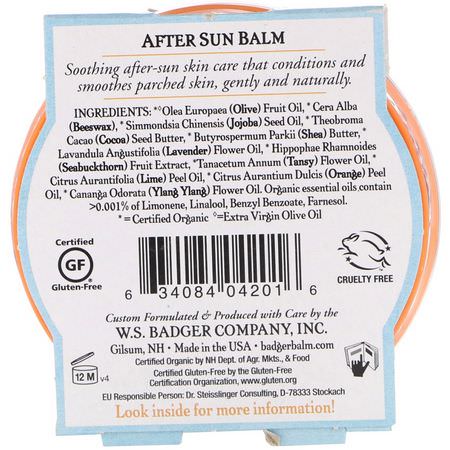 Badger Company, Organic, After Sun Balm, Blue Tansy & Lavender, 2 oz (56 g):Sunburn, After Sun Care