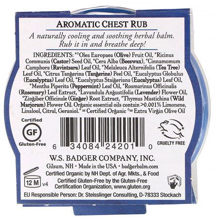 Badger Company, Organic, Aromatic Chest Rub, Eucalyptus & Mint, .75 oz (21 g):المراهم, الم,ضعية