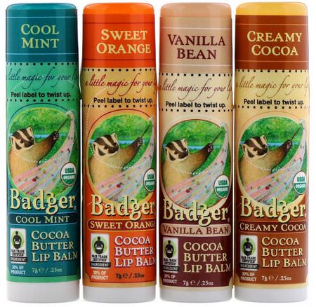 Badger Company, Organic, Cocoa Butter Lip Balms Set, 4 Pack, .25 oz (7 g) Each:مجم,عات الهدايا, مرهم الشفة