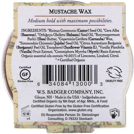 Badger Company, Organic Mustache Wax, Man Care, .75 oz (21 g):Beard Care, Shaving